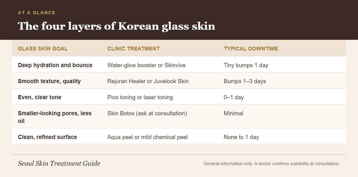 Infographic showing glass skin goals matched to Korean clinic treatments and downtime