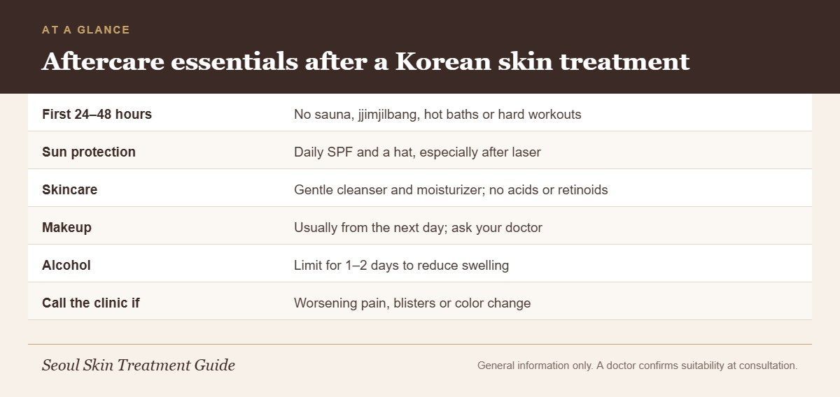 Infographic listing aftercare essentials after a Korean skin treatment, including sauna, sun, skincare, makeup and warning signs