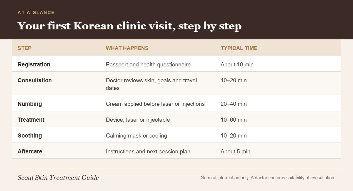 Infographic showing the six steps of a first visit to a Korean skin clinic and typical timing