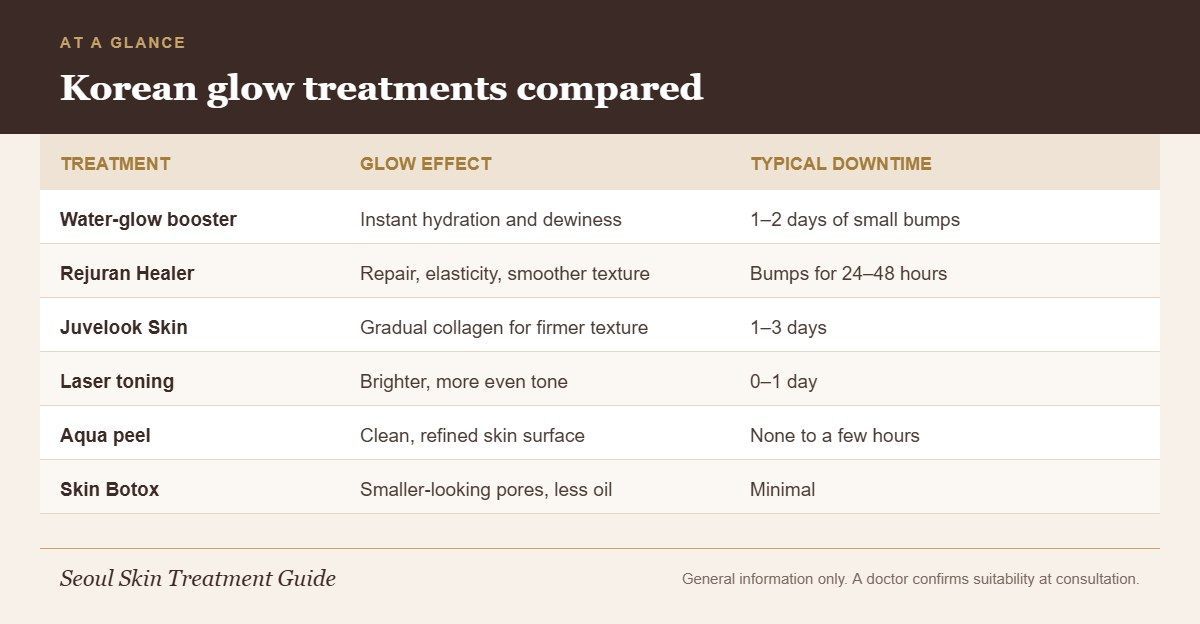 Infographic comparing Korean treatments for glowing skin by effect and downtime