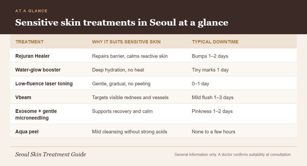 Chart summarizing gentle Korean treatments for sensitive skin with reasons and typical downtime