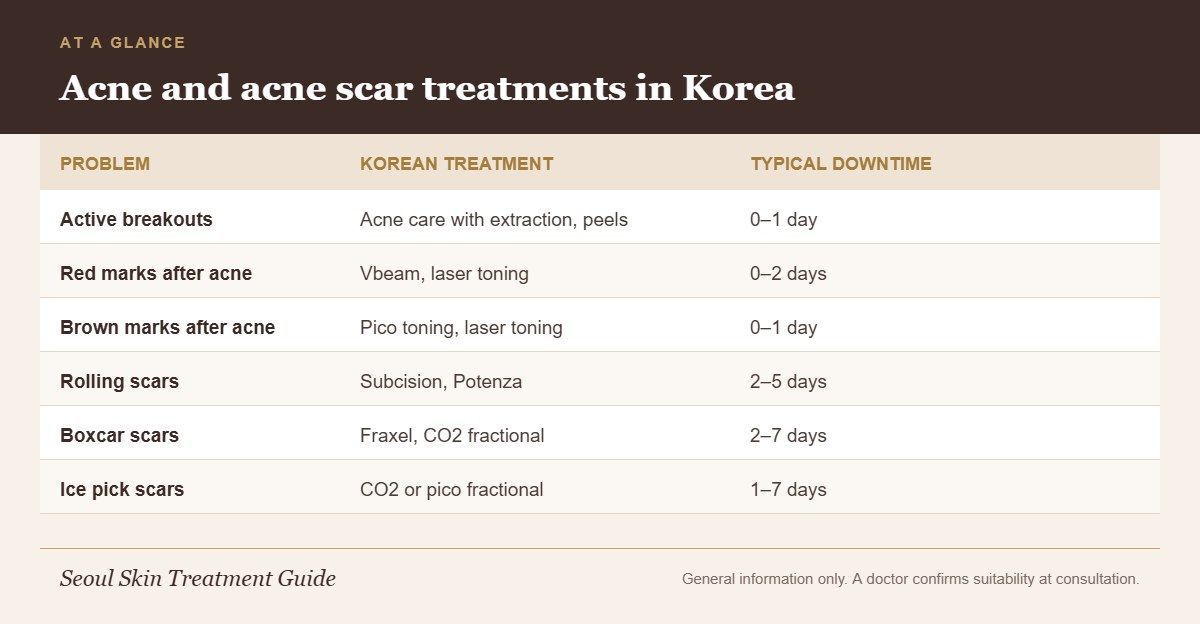 Infographic matching active acne, acne marks and acne scar types to Korean treatments and downtime