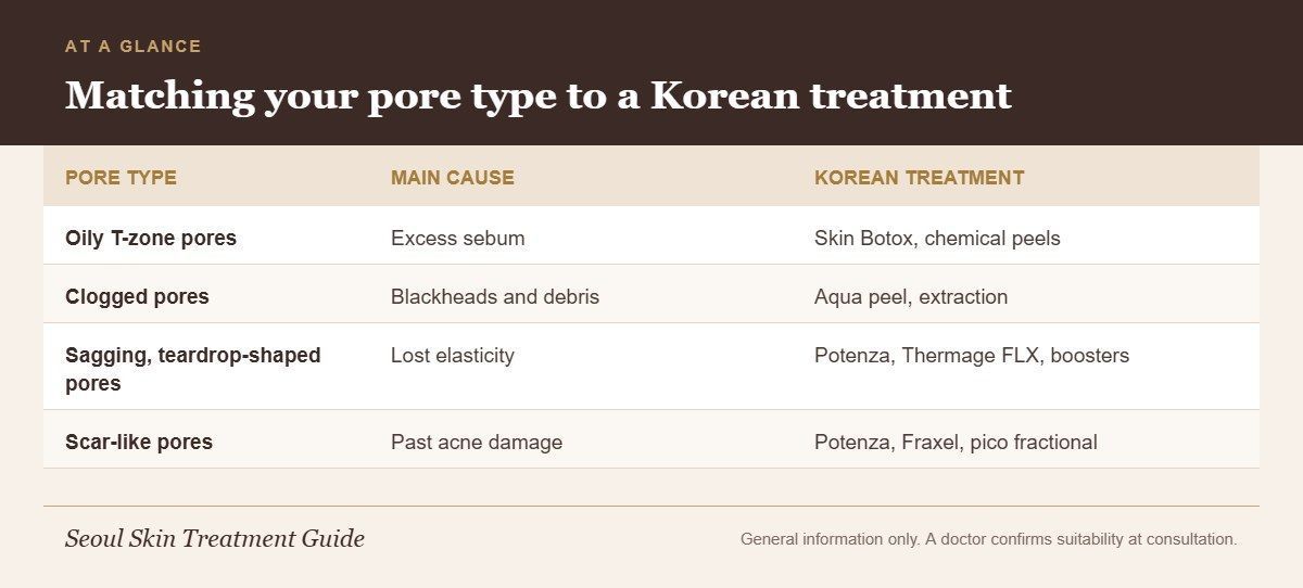 Infographic matching four types of enlarged pores to their causes and Korean treatments
