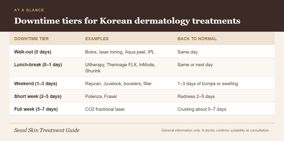 Infographic ranking Korean dermatology treatments by downtime from same-day to about one week