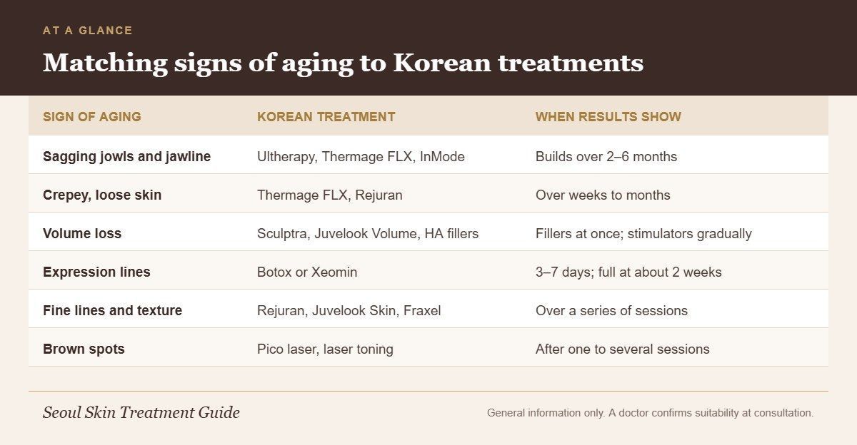 Infographic matching signs of aging such as sagging, volume loss and lines to non-surgical Korean treatments