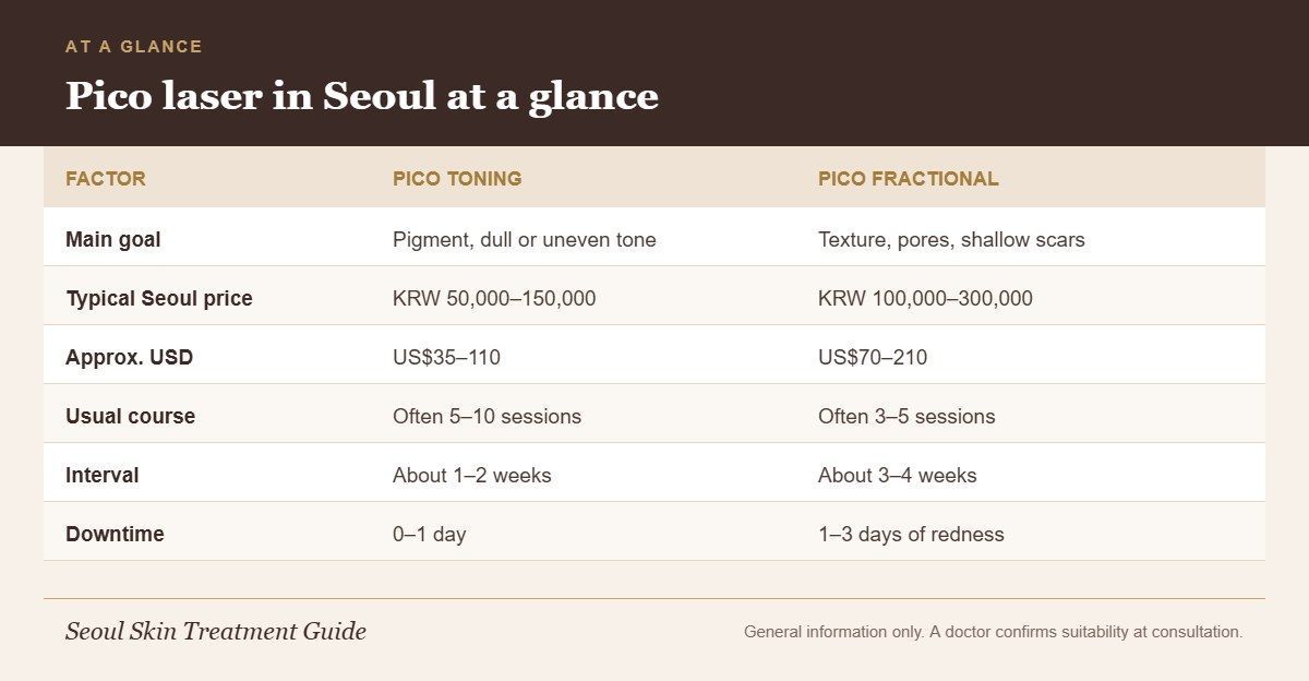 Infographic comparing pico toning and pico fractional in Seoul by goal, typical price, number of sessions, interval and downtime