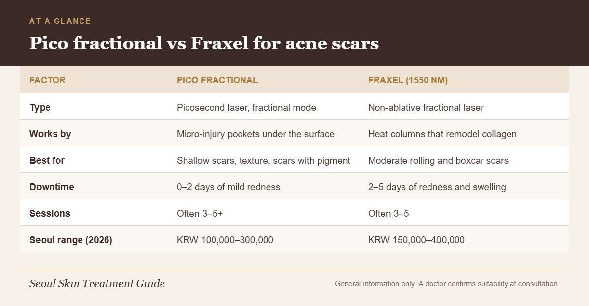 Infographic comparing pico fractional laser and Fraxel for acne scars: mechanism, best scar types, downtime, sessions and Seoul prices