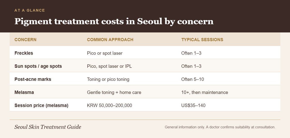 Infographic table matching pigmentation types such as freckles, sun spots, post-acne marks and melasma to Korean treatments, session counts and typical Seoul price