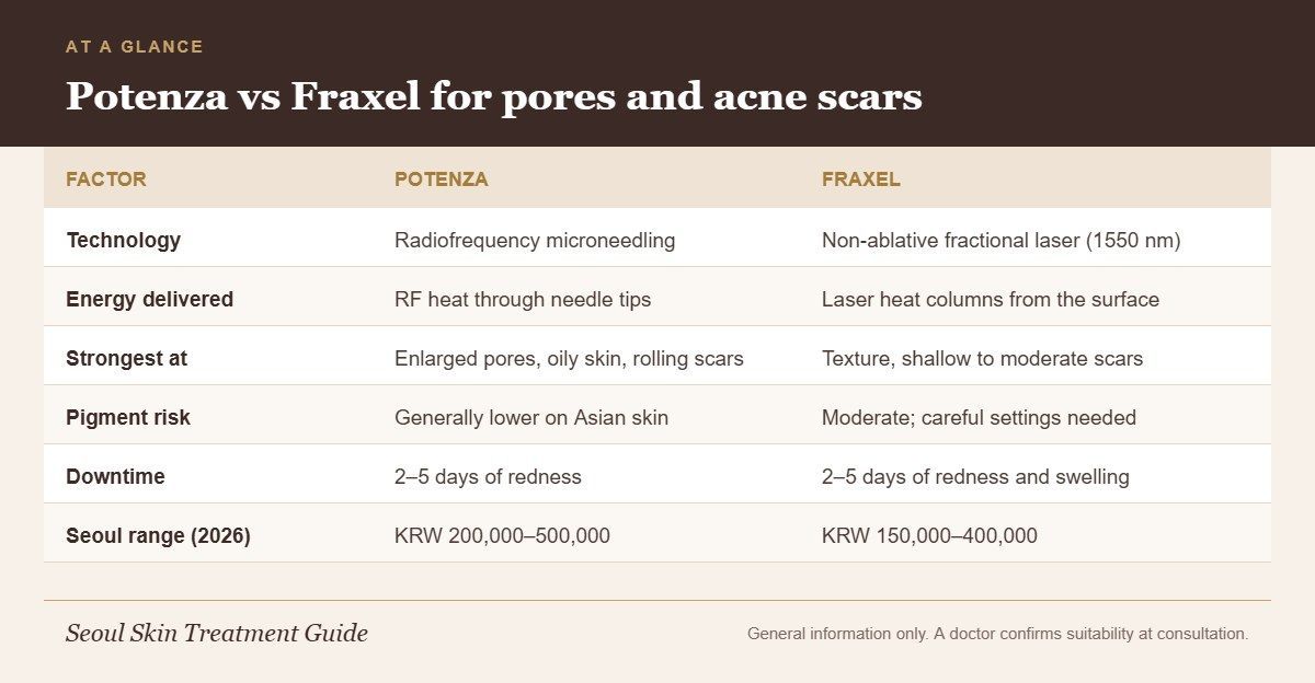 Infographic comparing Potenza RF microneedling and Fraxel laser for pores and acne scars: technology, strengths, pigment risk, downtime and Seoul price ranges