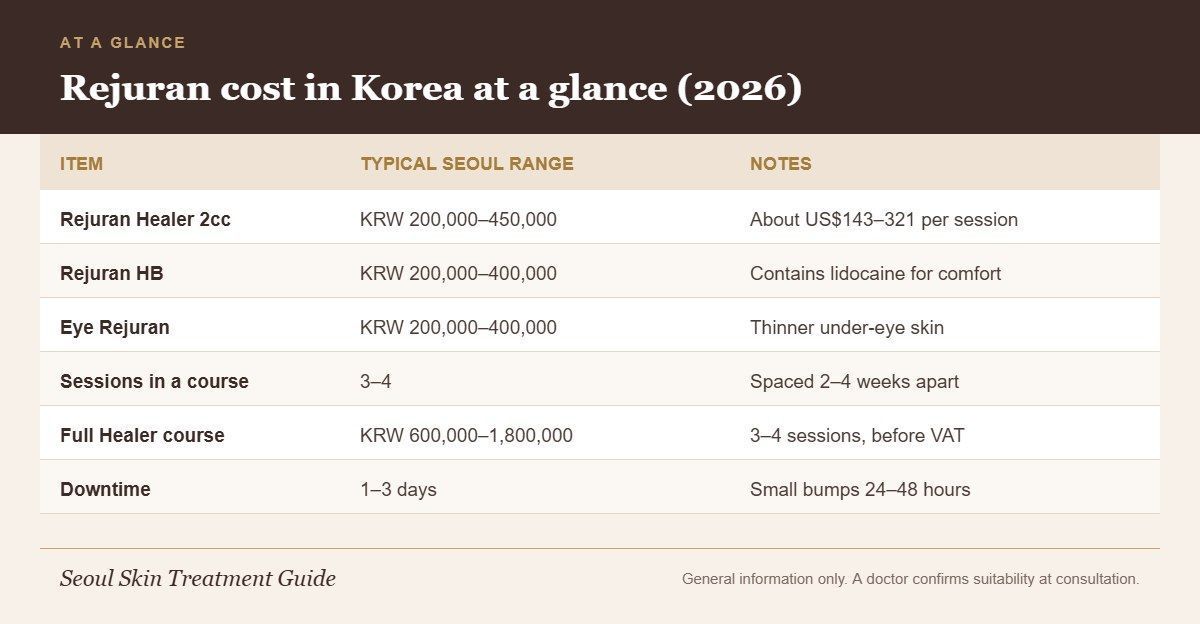 Infographic summarizing typical 2026 Seoul price ranges for Rejuran Healer, Rejuran HB and eye Rejuran, sessions and downtime