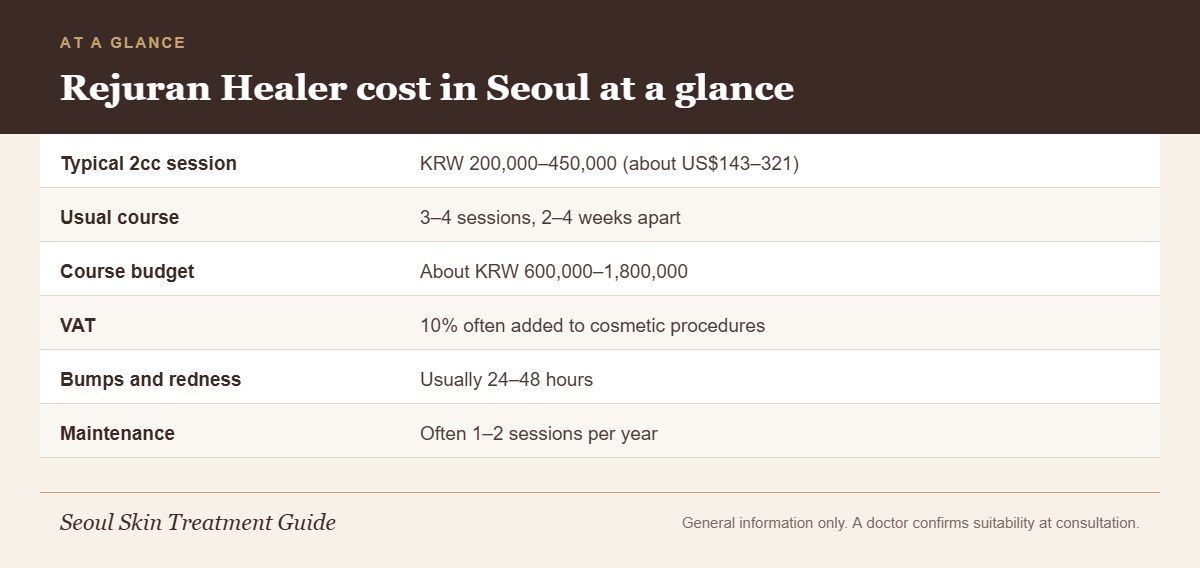 Infographic with the typical Seoul price for a 2cc Rejuran Healer session, course length, budget, VAT note, downtime and maintenance