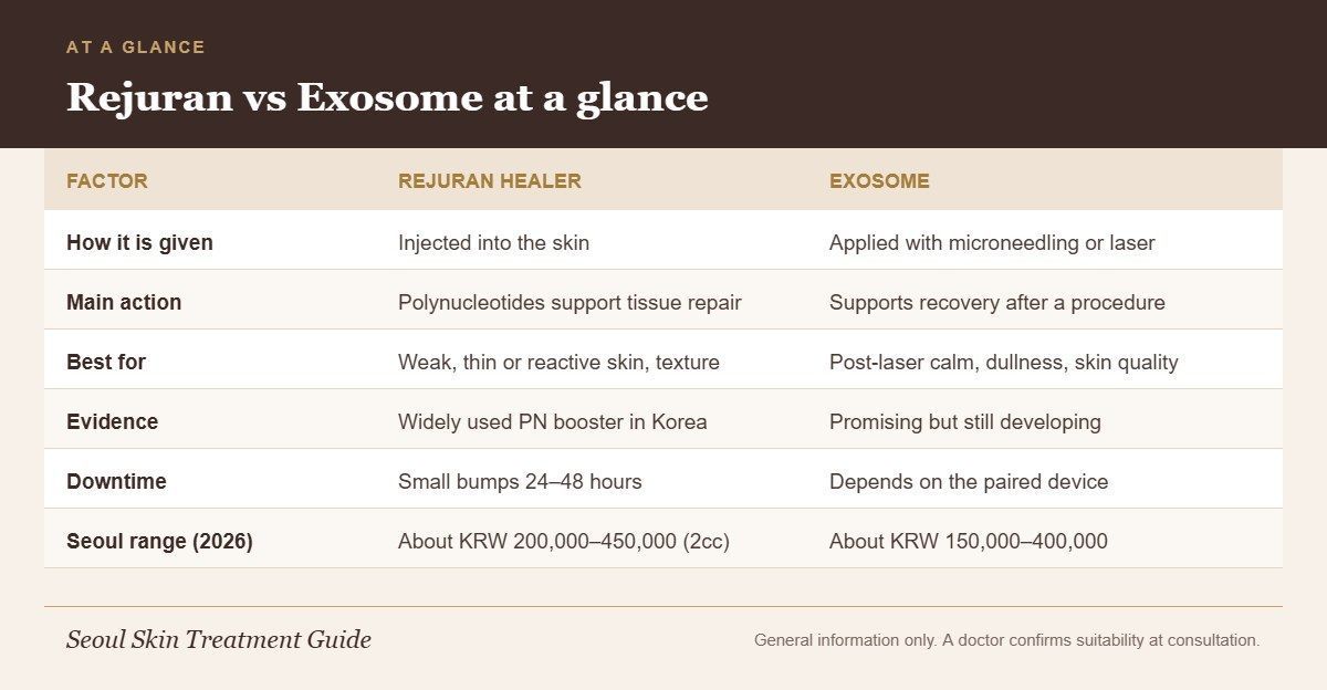 Chart comparing Rejuran Healer and exosome treatment by delivery, action, best use, evidence, downtime and Seoul price