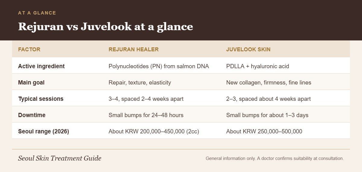 Comparison chart of Rejuran Healer and Juvelook Skin showing ingredients, goals, sessions, downtime and Seoul price ranges