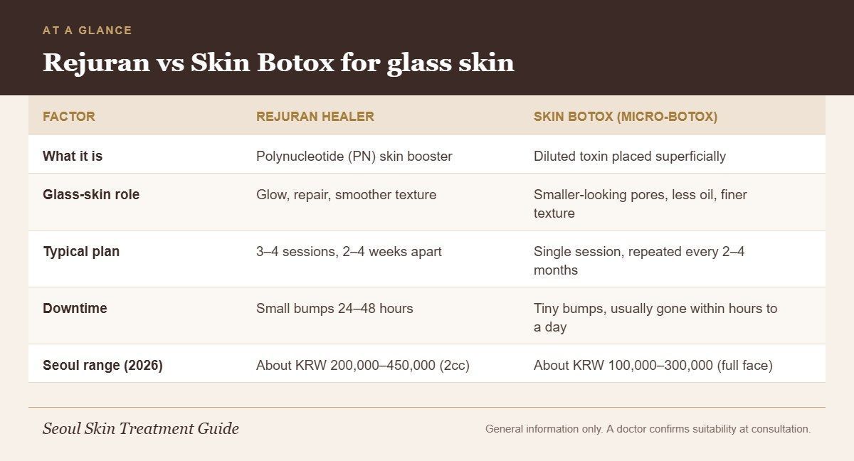 Chart comparing Rejuran Healer and skin Botox for glass skin by function, plan, downtime and Seoul price