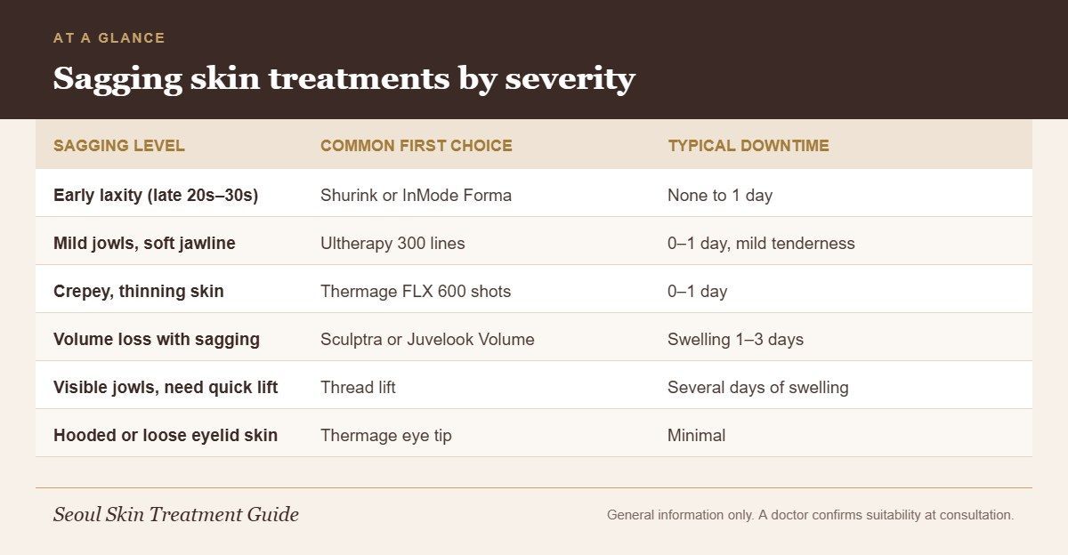 Chart matching sagging skin severity levels to common Korean lifting treatments and typical downtime