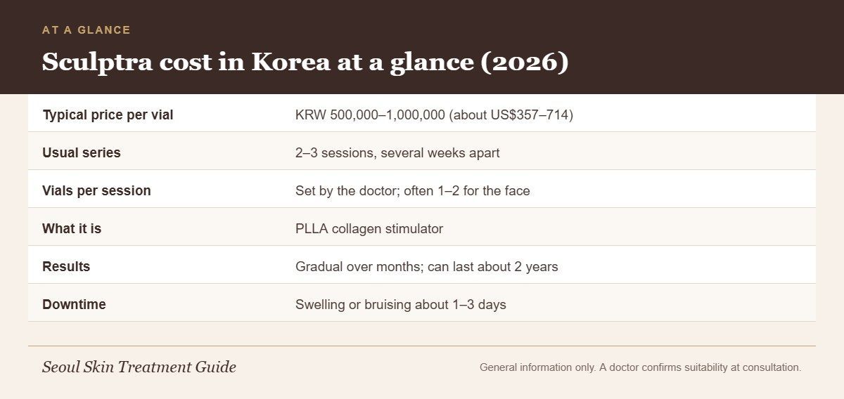 Infographic showing typical Sculptra price per vial in Seoul, series length, vials per session, mechanism, longevity and downtime