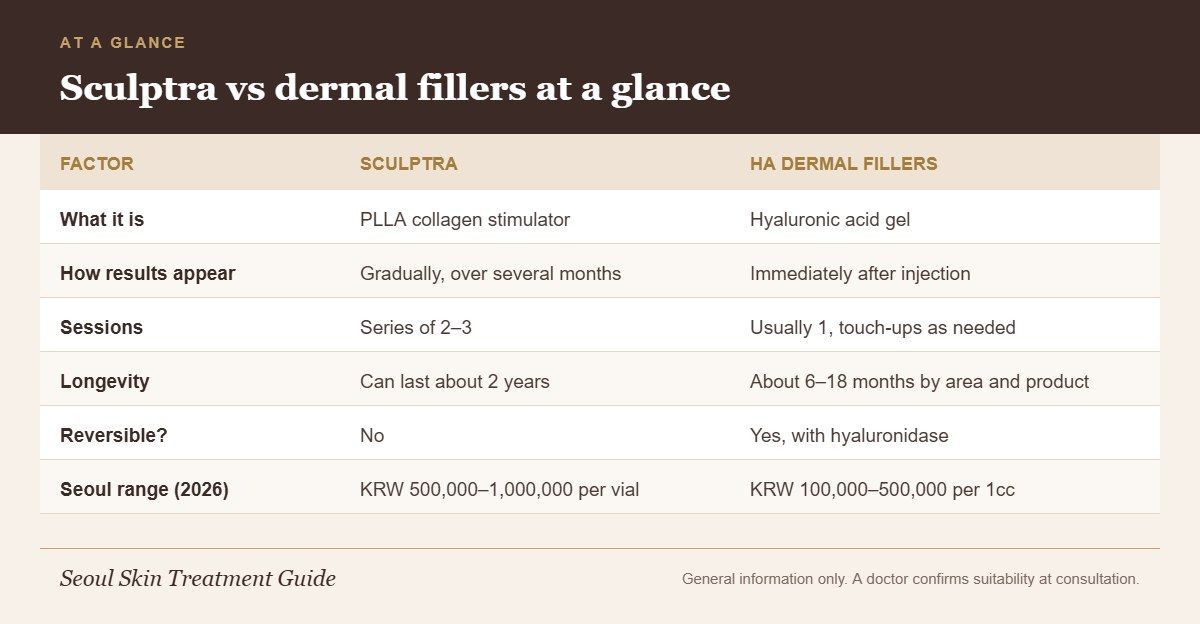 Comparison chart of Sculptra and hyaluronic acid dermal fillers by mechanism, timing, sessions, longevity, reversibility and price