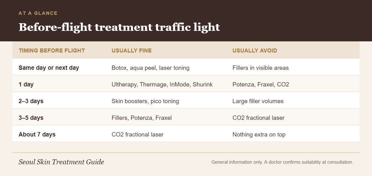 Traffic-light infographic showing which Korean skin treatments are usually fine or best avoided at different times before a flight