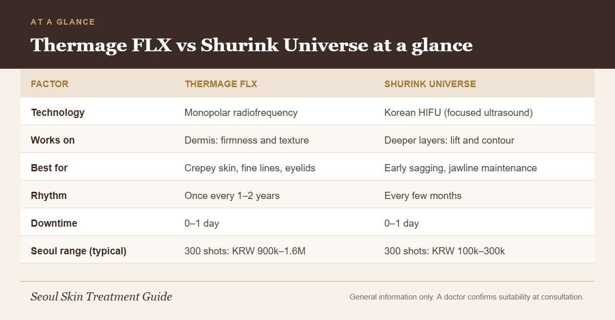 Comparison chart of Thermage FLX vs Shurink Universe showing technology, target layer, best uses, treatment rhythm, downtime and typical Seoul prices