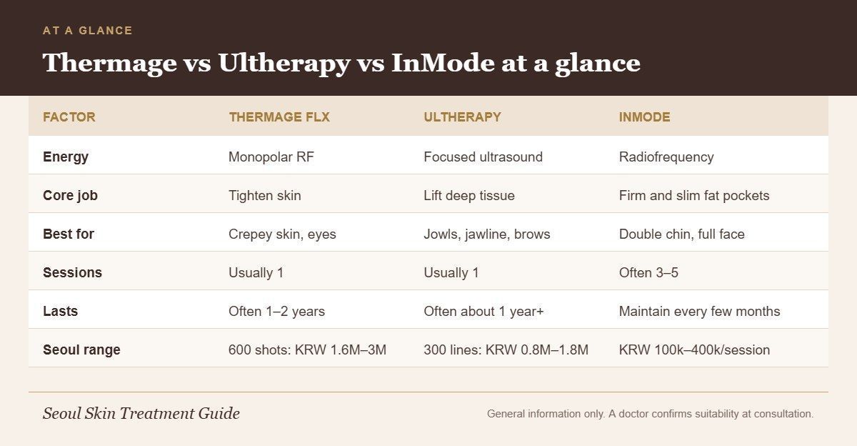 Three-way comparison chart of Thermage FLX, Ultherapy and InMode showing energy type, core job, best uses, sessions, longevity and typical Seoul prices