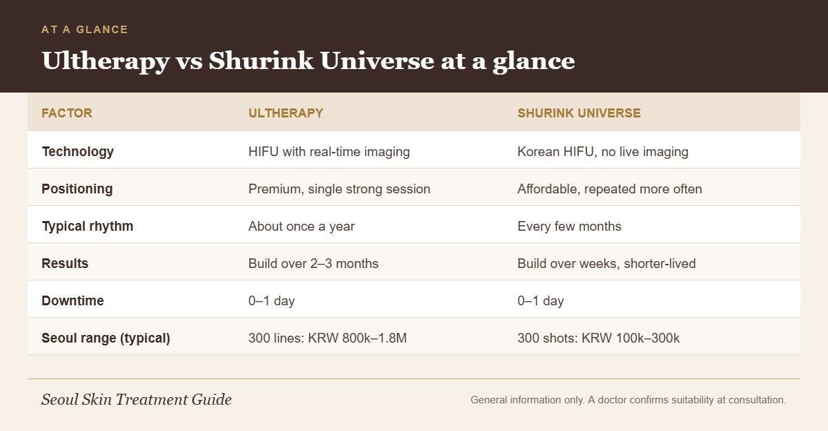 Comparison chart of Ultherapy vs Shurink Universe showing technology, positioning, treatment rhythm, results, downtime and typical Seoul prices