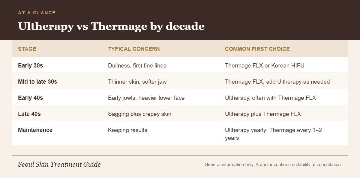 Chart showing which of Ultherapy or Thermage FLX is commonly chosen in the early 30s, late 30s, early 40s and late 40s, with maintenance timing