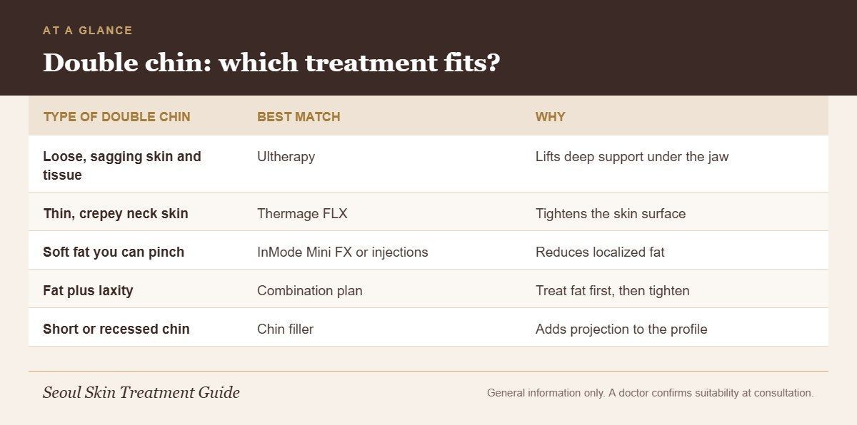Chart matching types of double chin to Ultherapy, Thermage FLX, InMode, fat-dissolving injections and chin filler