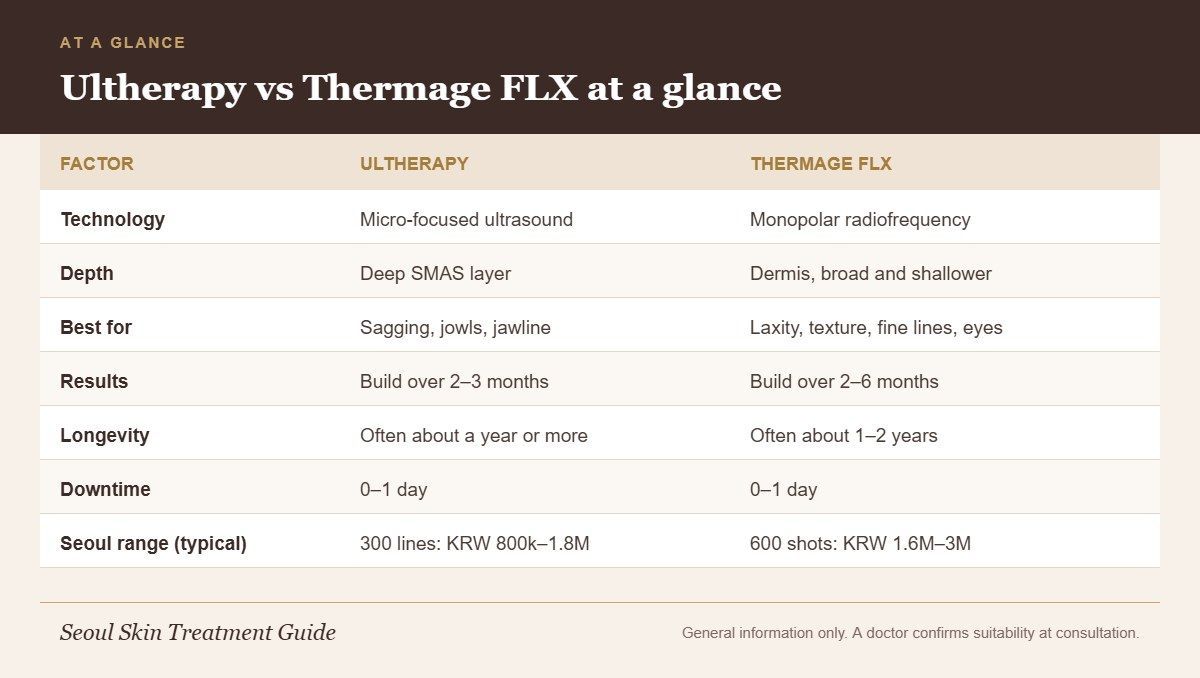 Comparison chart of Ultherapy vs Thermage FLX showing technology, depth, best uses, results, longevity, downtime and typical Seoul prices