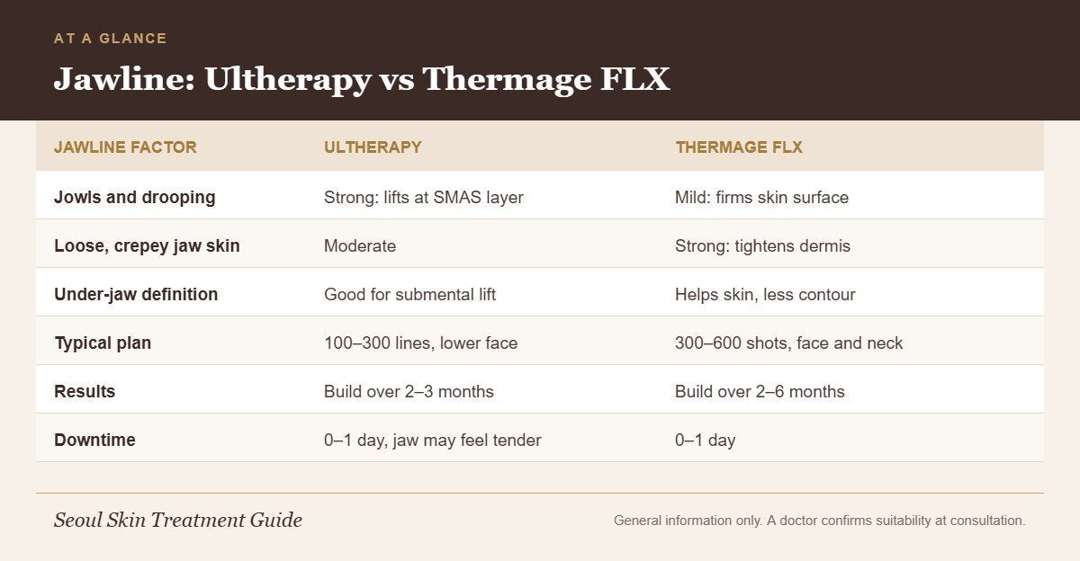 Chart comparing Ultherapy vs Thermage FLX for jawline lifting, covering jowls, loose skin, under-jaw definition, typical plans, results and downtime