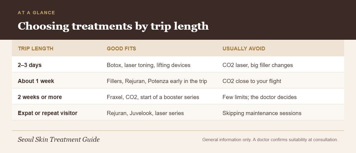 Infographic showing which Korean skin treatments fit a 2–3 day trip, a 1 week trip, a longer stay and expats