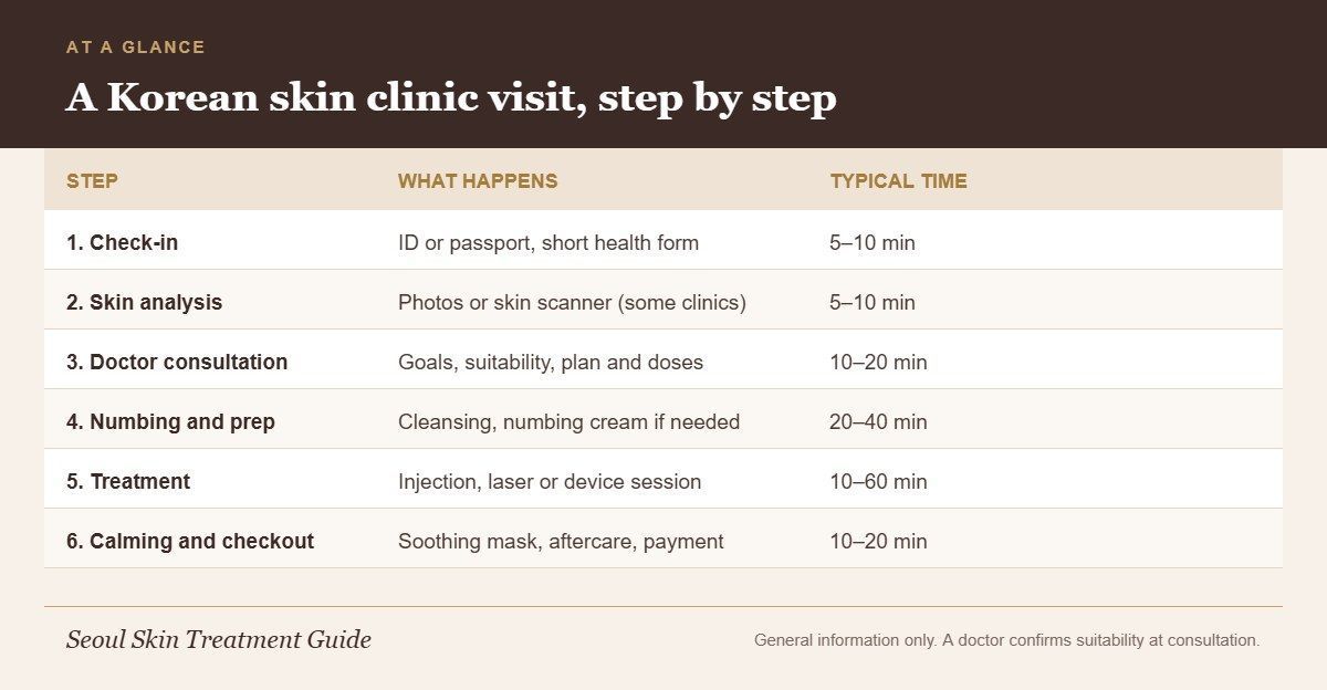 Infographic showing the six steps of a Korean skin clinic visit from check-in to checkout with typical times