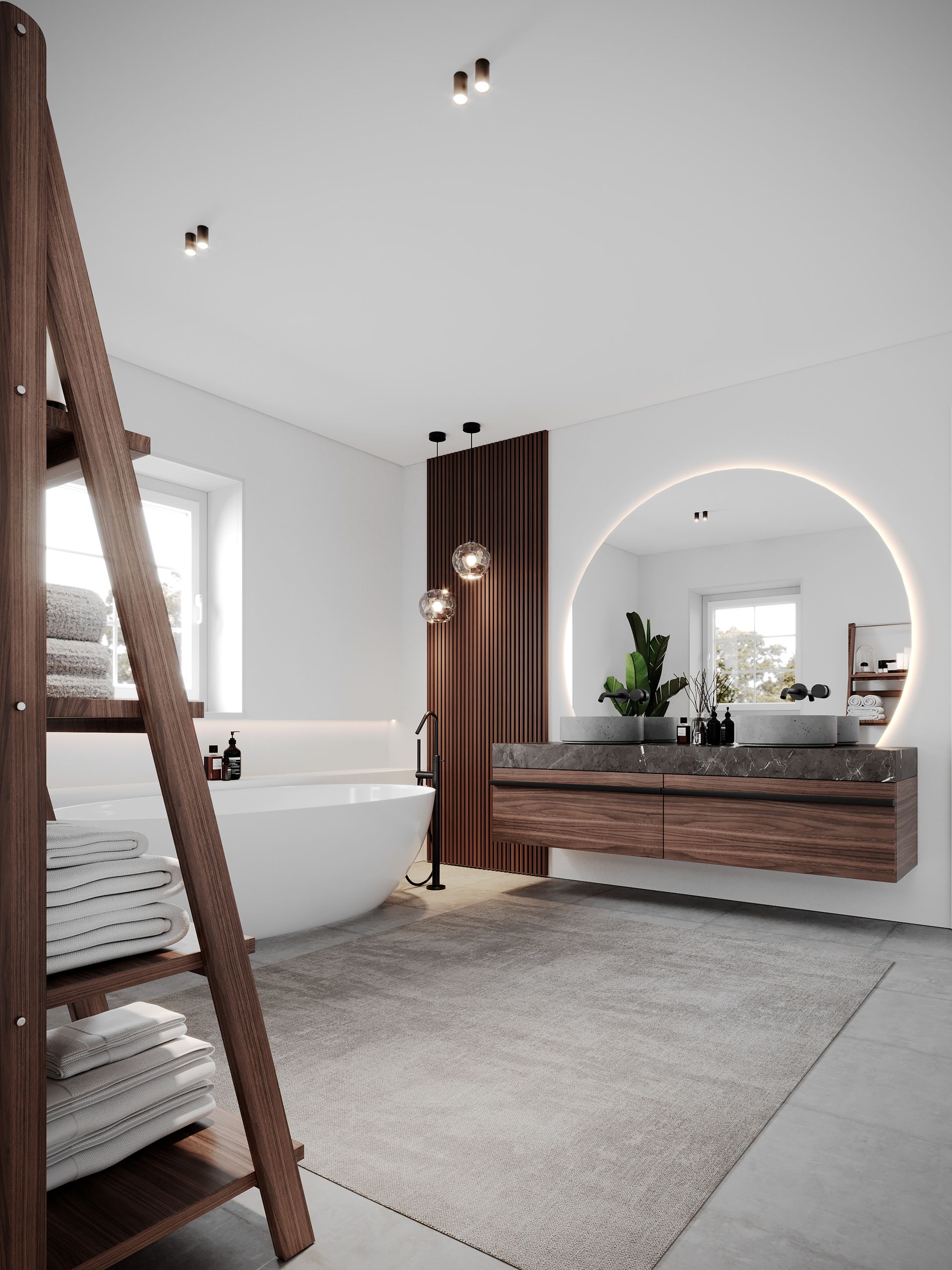 stilvolles Rendering im Neubau mit Akustikpanelen und Designbett