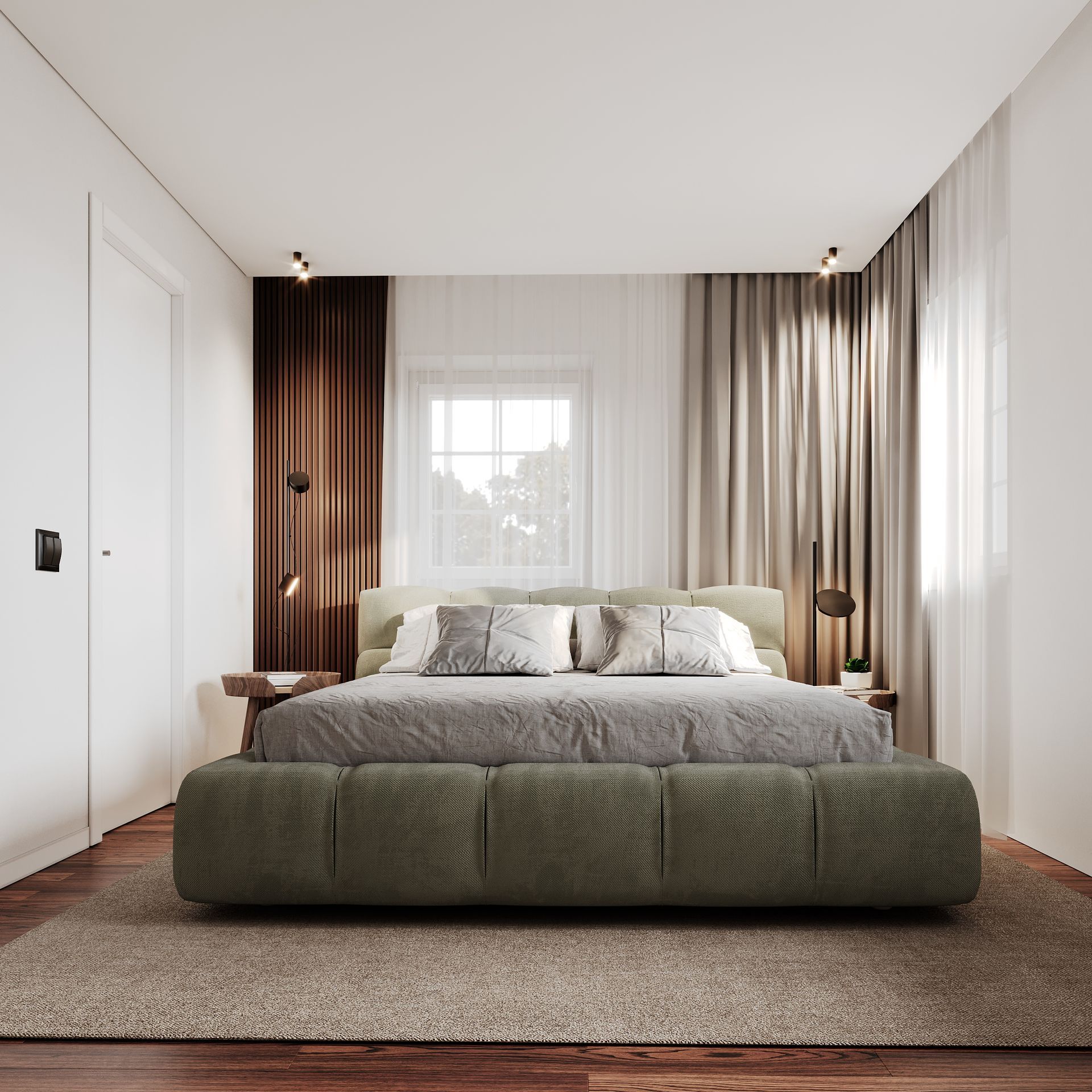 stilvolles Schlafzimmer im Neubau mit Akustikpanelen und Designbett