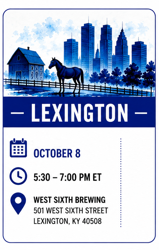 Louisville event poster in red, showing Sept. 24, 5:30–7 PM ET at West Sixth Brewing in Louisville, KY.