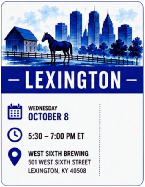 Louisville event poster in red, showing Sept. 24, 5:30–7 PM ET at West Sixth Brewing in Louisville, KY.