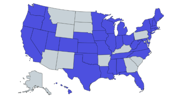 A blue and white map of the united states