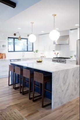 A kitchen with a large island and stools