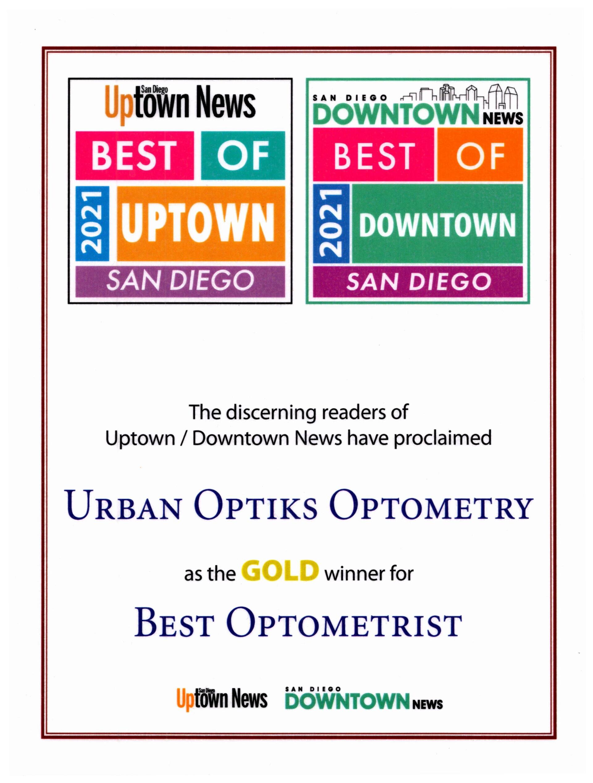 2021 Best of Uptown and Downtown News Award for Best Optometrist
