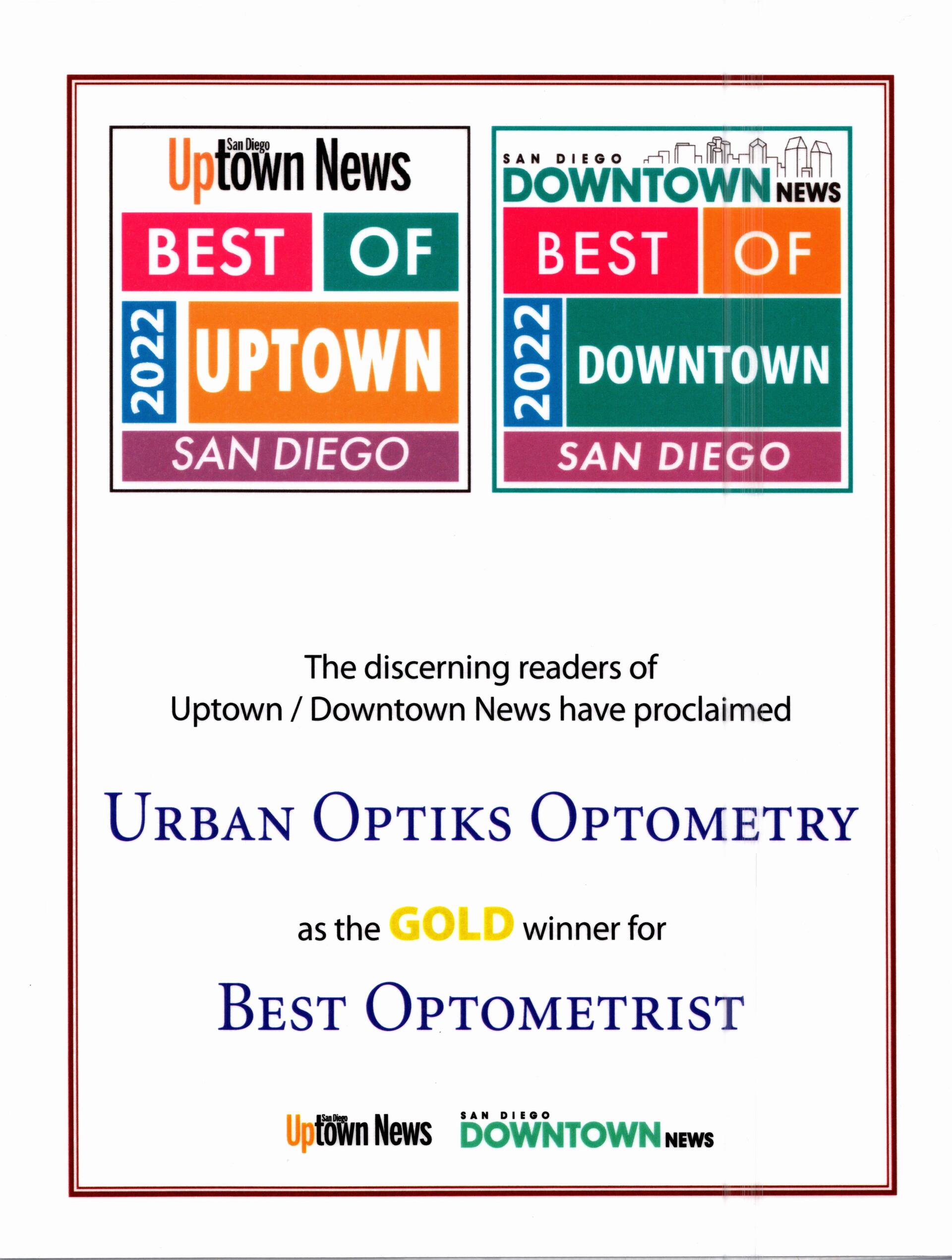 2020 Best of Uptown and Downtown News Award for Best Optometrist