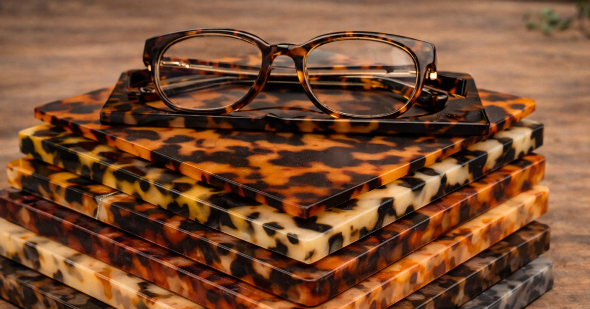 Tortoiseshell eyeglasses on a matching tray atop a stack of colorful tortoiseshell patterned acetate squares.
