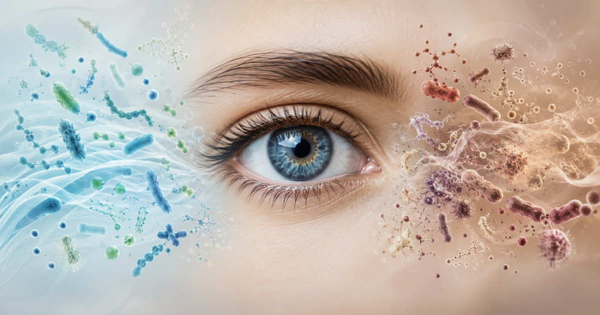 Close-up blue eye centered between blue and brown molecular patterns on a pale background
