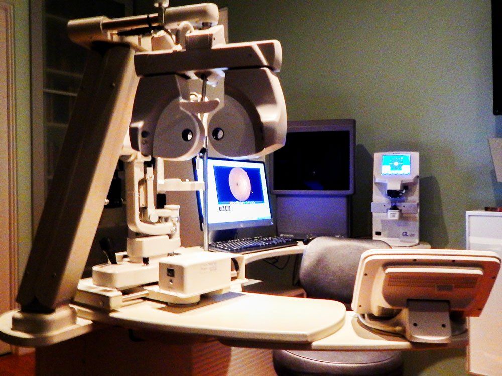 Optometrist's office with technology used for eye exams