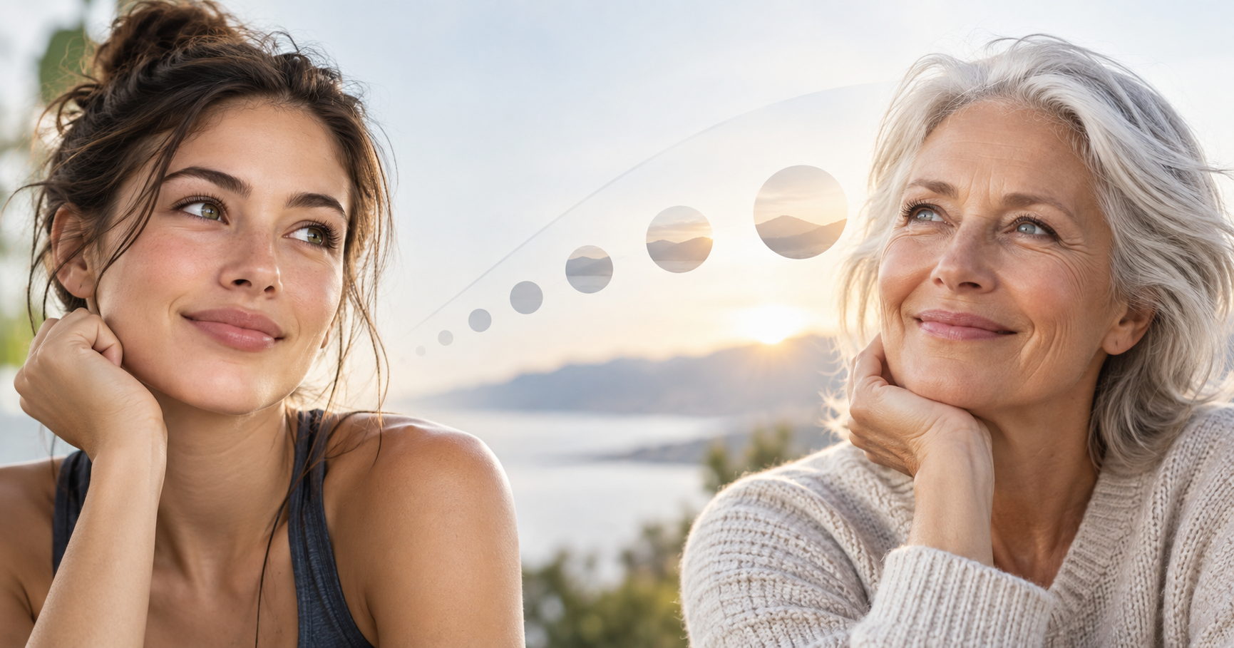 Two women resting their faces on their hands outdoors at sunset, with floating sphere graphics in the sky