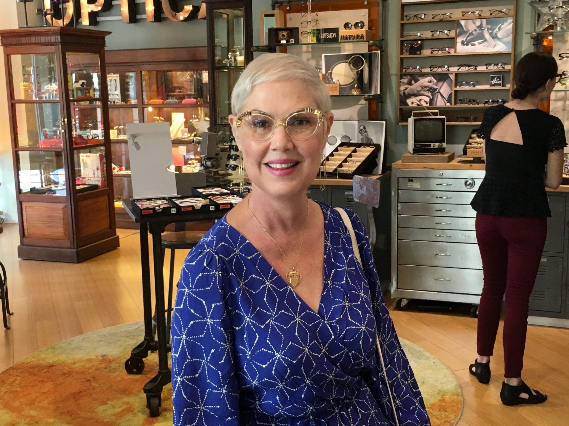 Person modeling Francis Klein frames at 2017 Francis Klein Trunk Show