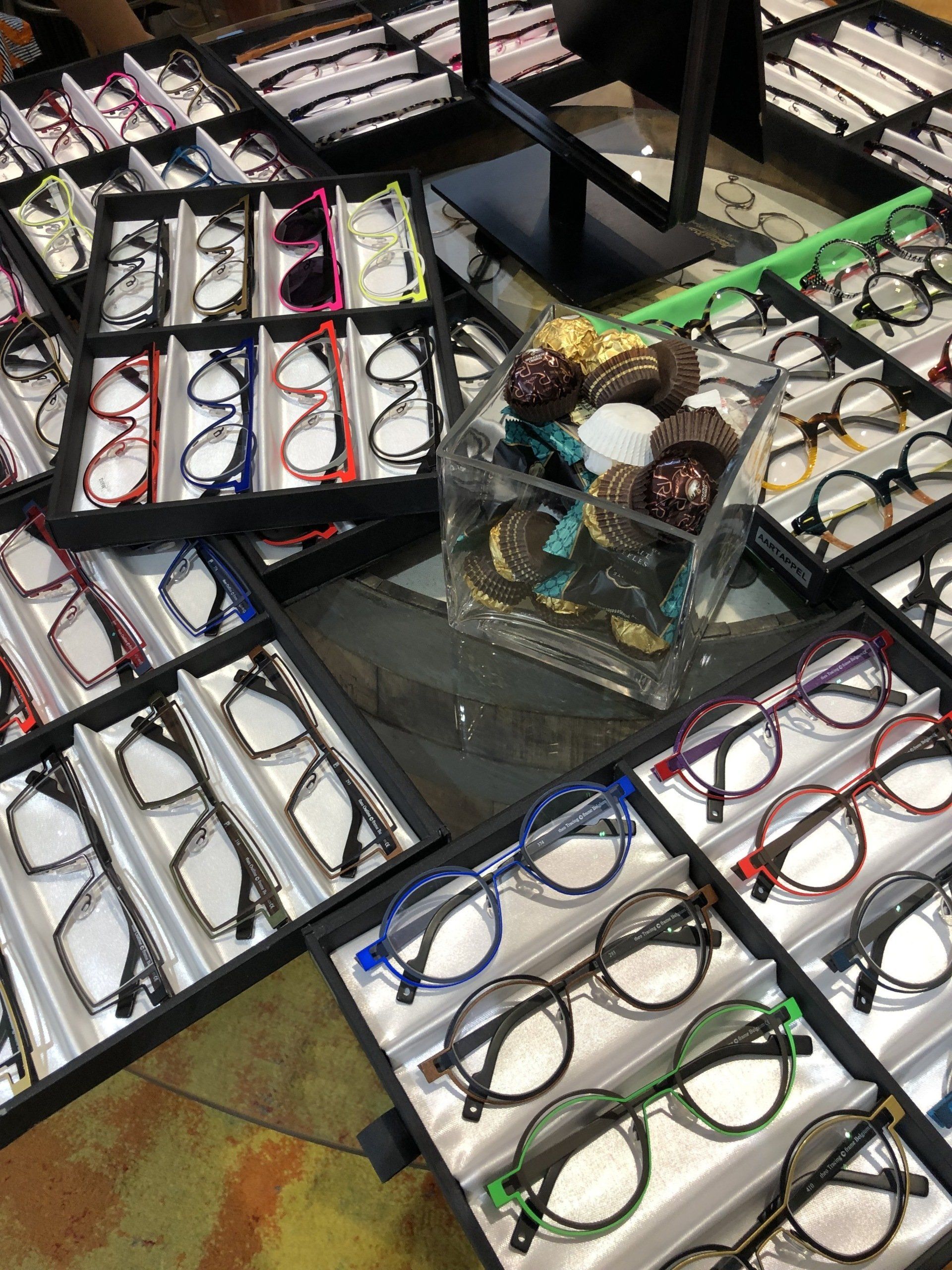 Many display boxes of Theo frames at Theo Trunk Show Event
