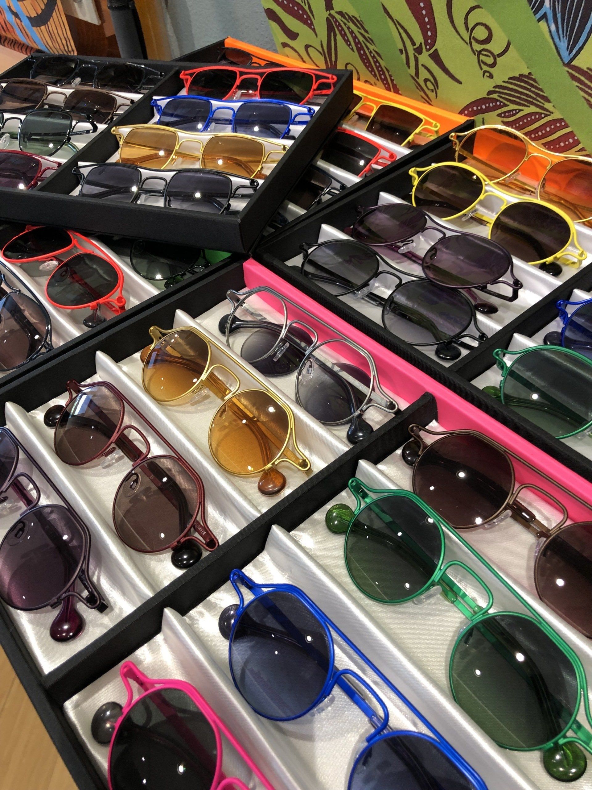 Close-up of display cases of Theo frames at Theo Trunk Show Event