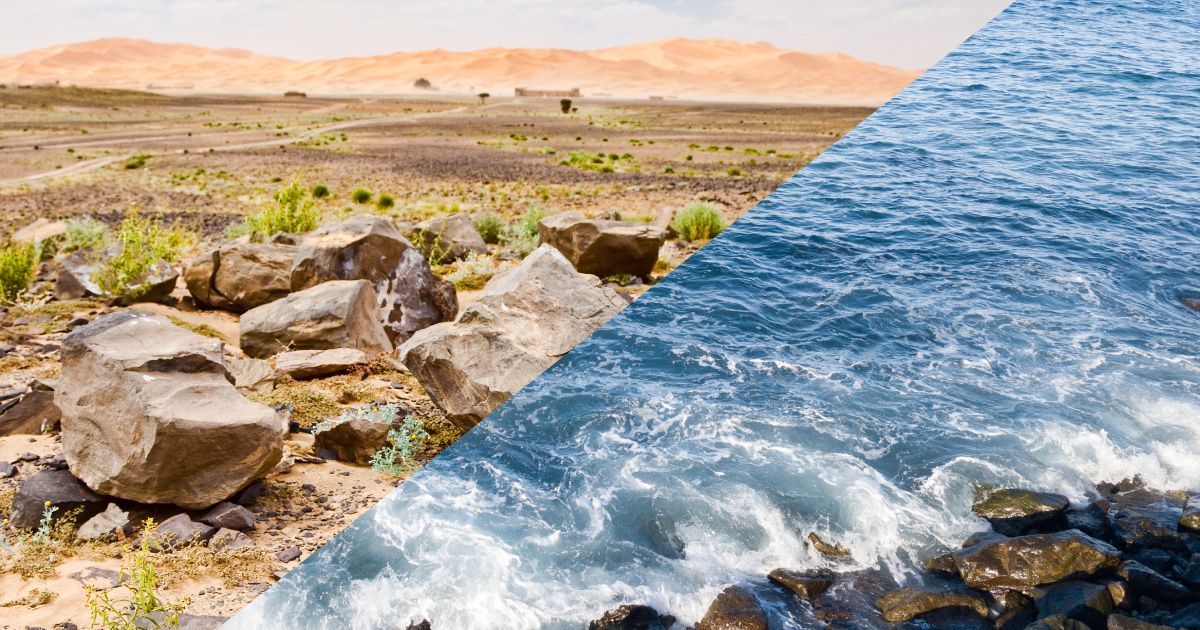 Split-screen showing a desert landscape with rocks and sand dunes, and ocean with waves crashing on rocks.