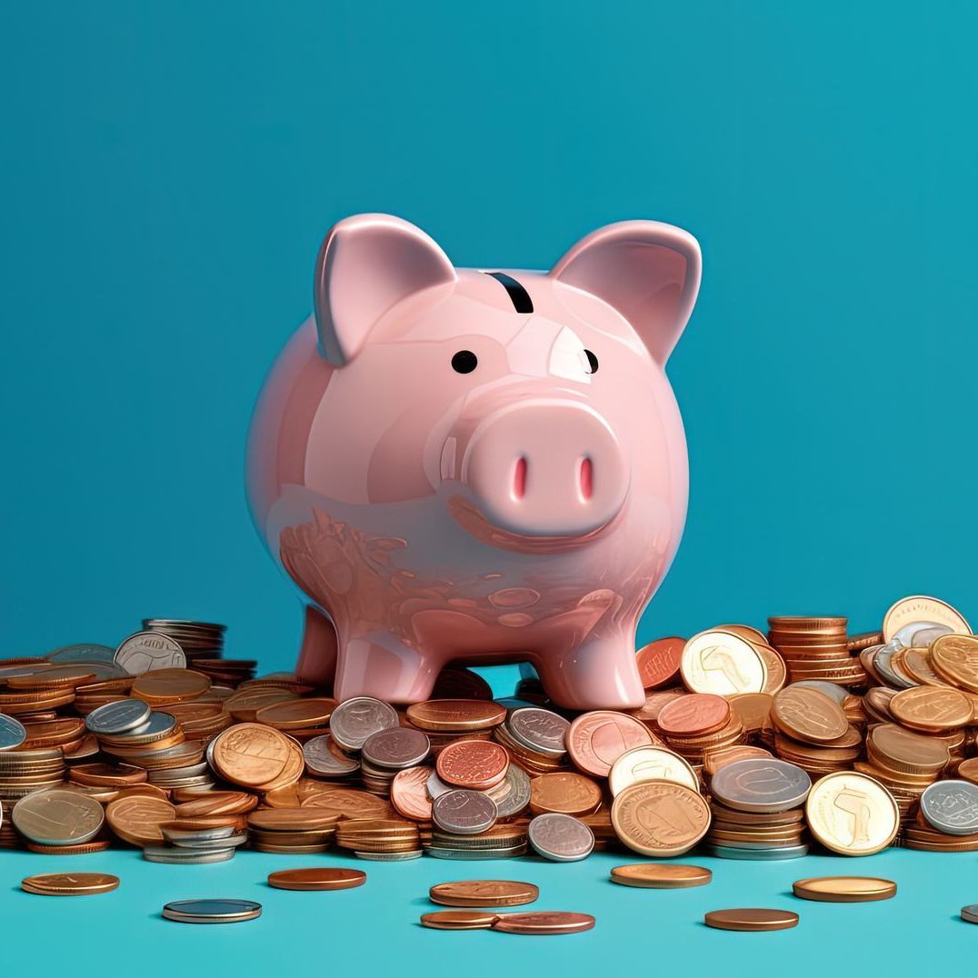 Pink ceramic piggy bank on a pile of coins