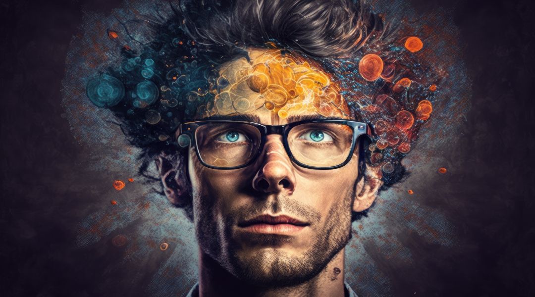 An illustration of a man with glasses and a beard is looking up at the sky .
