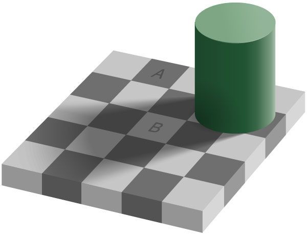 An example of the checker shadow illusion with a green cylinder is sitting on top of a checkered board